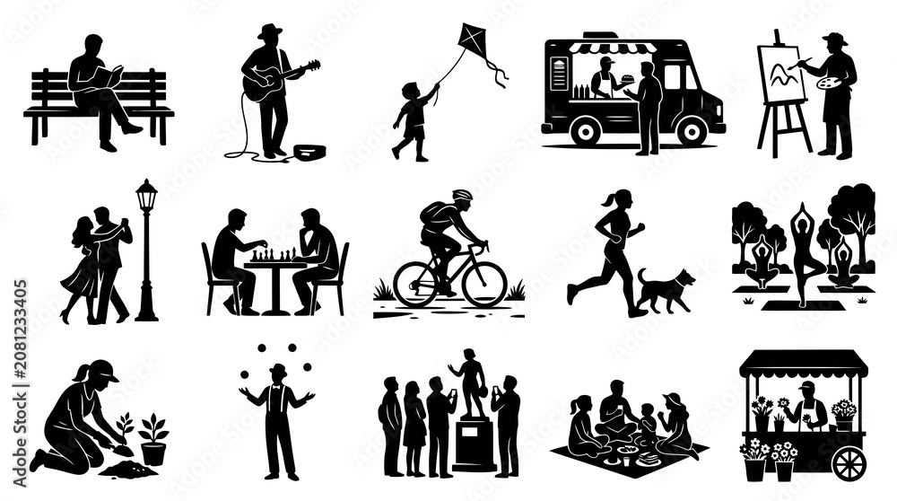 Obraz premium Black and White Silhouette Glyph Vector Icons of People Engaged in Public Park and Outdoor Lifestyle Activities