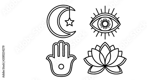 Bild auf Leinwand Mystical Symbols: Crescent Moon, Evil Eye, Hamsa Hand, Lotus Flower Icons