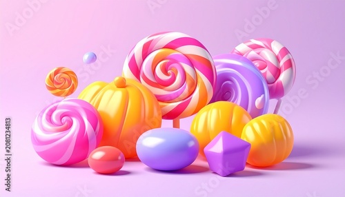 3D Digital Illustration of Various Candies and Lollipops sweet