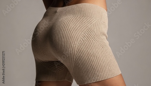Medium shot capturing hip contour details in 3D knitted fabric featuring sculpted panels and subtle ribbing for enhanced body shaping and fluid garment structure.
