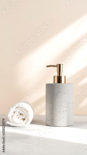 Modern bathroom setup with a refillable soap bottle and clean cotton towel