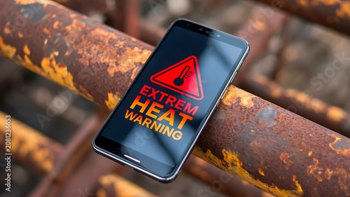 Smartphone displaying extreme heat warning alert on rusty metal surface for climate awareness