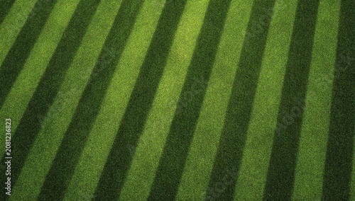 Freshly mown green lawn with alternating light and dark stripes
