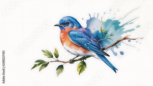 Vibrant bluebird perched on a leafy branch with watercolor splatters