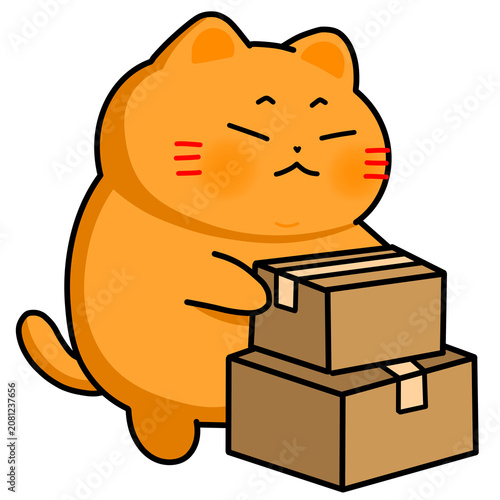 A cute chubby orange cat cartoon character holding cardboard boxes for delivery and moving service illustration