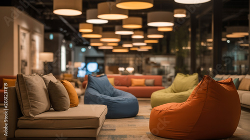 Modern office lounge area with comfortable bean bag chairs and warm hanging ceiling lamp lighting