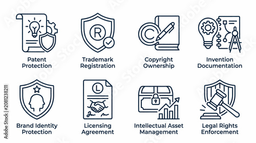 Quadro su tela Collection of icons representing intellectual property rights and legal protection concepts