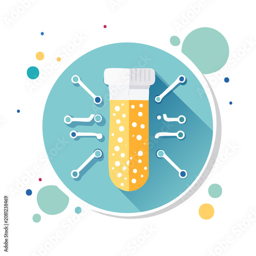 Test tube with antibodies and virus icons, flat vector illustration