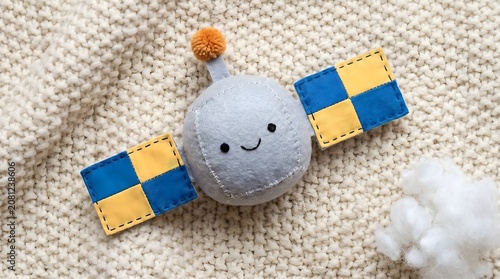 Cute handmade felt satellite plush toy with smiley face on knitted blanket nursery decor concept
