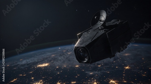 Reconnaissance spy satellite orbiting planet earth at night with glowing city lights surveillance concept
