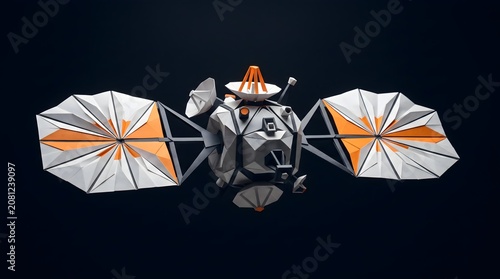 Low poly 3D rendering of space probe satellite isolated on dark background sci fi technology concept
