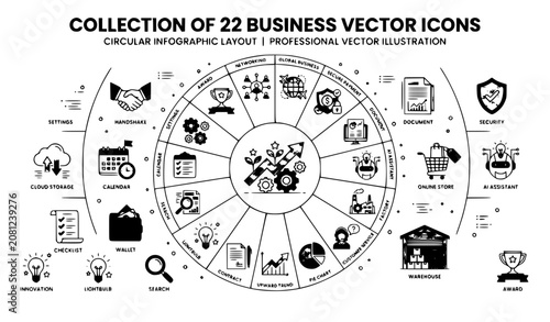 Professional set of 22 detailed business vector icons featuring finance technology communication productivity and corporate management elements isolated on white