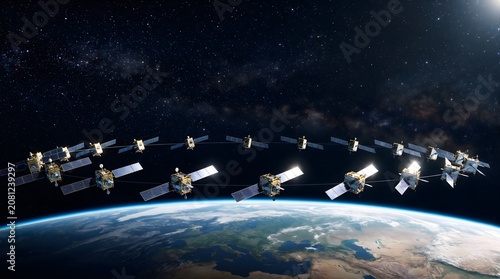 Fleet of communication satellites orbiting planet earth global connectivity network concept
