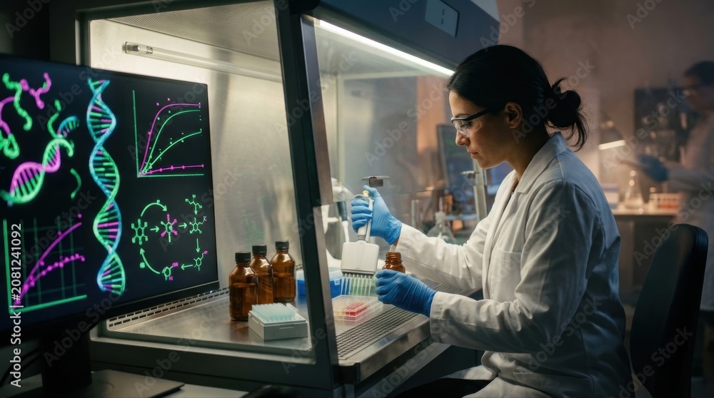 Fototapeta premium A scientist in a white lab coat works under a biosafety hood with a 96-well plate, multichannel pipette, and amber reagent bottles, while a monitor displays mRNA strands, enzyme induction graphs, and