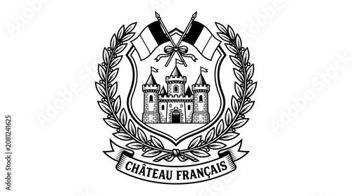 Bild auf Leinwand French Chateau Emblem with Flags and Laurel Wreath