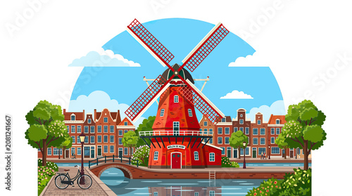 Iconic Dutch windmill and canal houses in Amsterdam, Netherlands, illustration