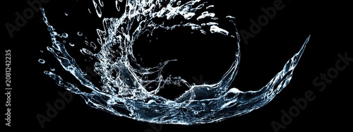 黒背景に抽象的な水しぶきが上がる3Dイラスト｜清潔で流れるような波と水しぶき