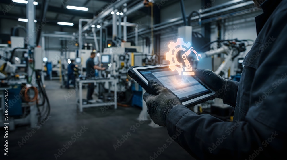 Obraz premium Smart Factory Automation with Industrial IoT Tablet Control, Robotic Manufacturing, Digital Production Monitoring and Industry 4.0 Technology
