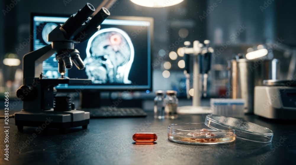 Fototapeta premium A focused oncology lab scene shows a nicotinamide capsule beside cultured brain tumor cells in a petri dish, a microscope, and a glowing brain scan on a monitor, illustrating nutrient-based research