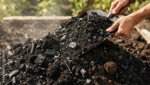 Medium shot focusing on the mixing process of biochar with varied textures in compost emphasizing balanced soil amendment and optimized microbial growth.