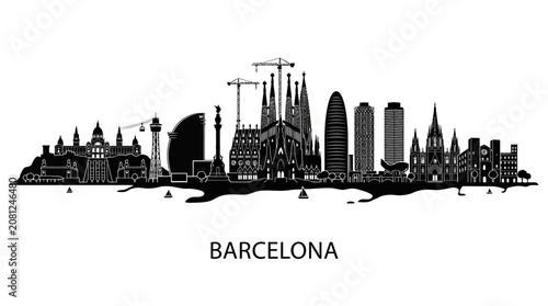 Barcelona Skyline Silhouette Black and White Vector Art