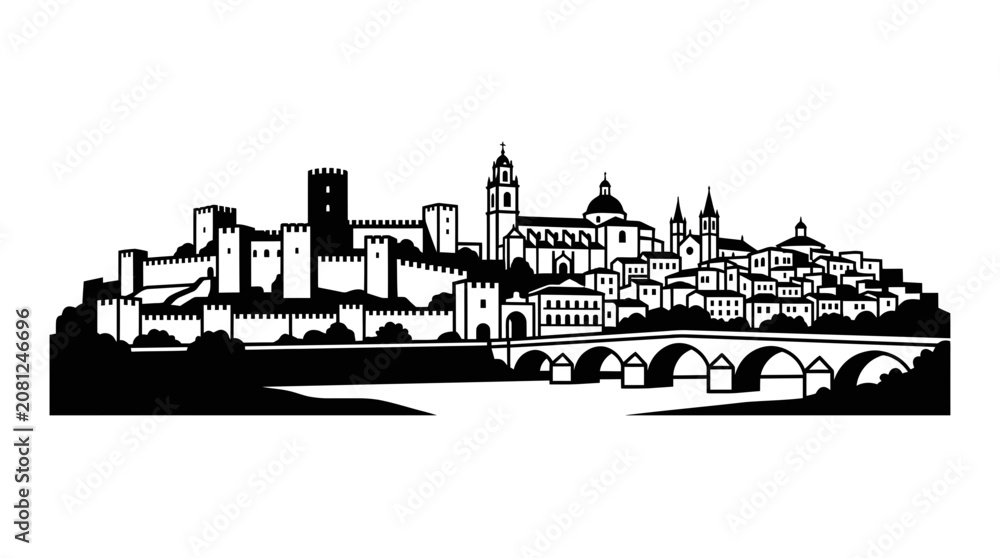 Fototapeta premium Medieval Castle Cityscape with Bridge and River - Black and White Silhouette