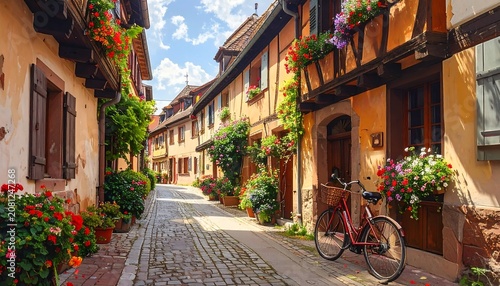 Charming European street scene. Cobblestone road flanked by historic buildings with colorful flower boxes and a bicycle