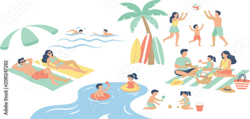 Slika na platnu Happy families and people enjoying summer beach activities swimming sunbathing a