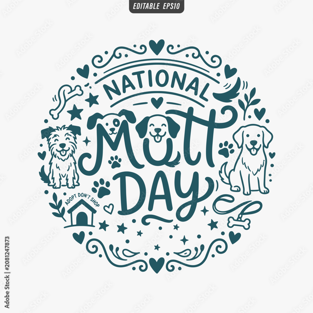 Obraz premium The flat design for a National Mutt Day poster focuses on simplicity, elegance, and ease of recognition. Vector Illustration