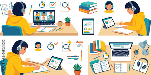Fotografie Young students studying online attending virtual classroom video lectures and do