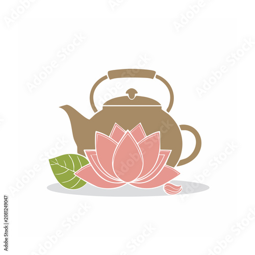 Flat design teapot with lotus flower and leaf