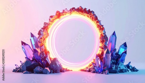 Mystical Crystal Portal with Fiery Ring and Glowing Amethyst Formations.