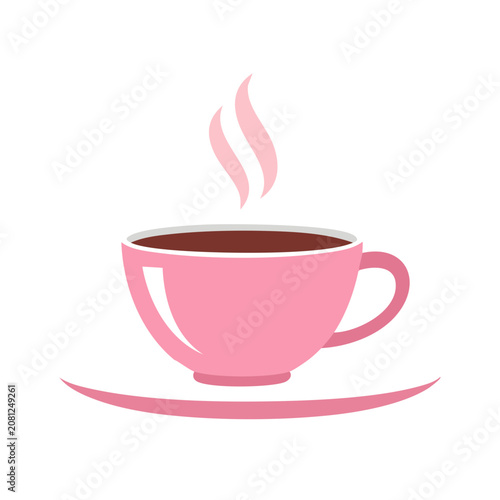 Pink coffee cup with steam on saucer, flat vector illustration