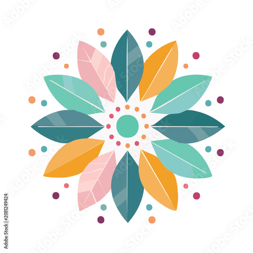 Abstract floral pattern with colorful leaves and dots