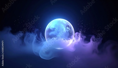 Mystical Blue Orb Glowing Amidst Ethereal Smoke and Darkness.