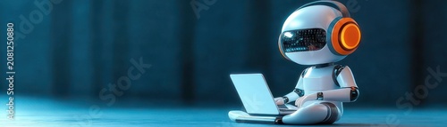 small glossy white robot with orange headphones sitting cross-legged using a laptop on a reflective floor in blue ambient light, curious and focused