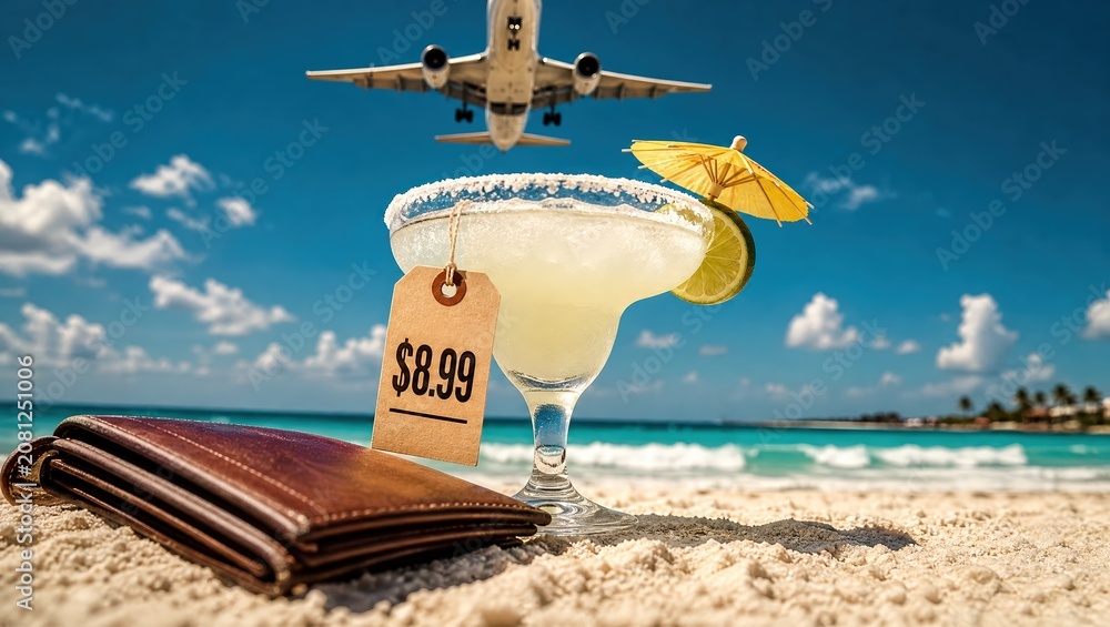 Fototapeta premium Margarita cocktail with price tag and wallet on tropical beach under airplane for budget travel deals and vacation cost promotion