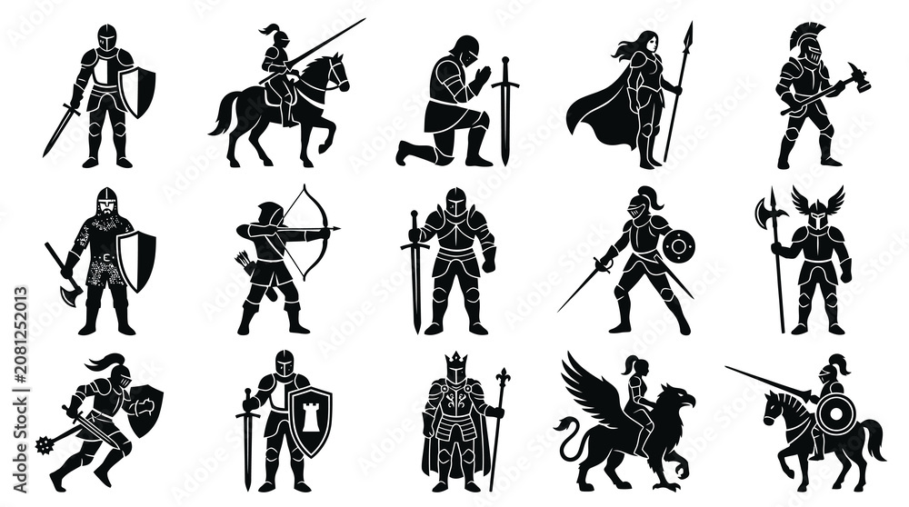 Obraz premium Medieval Knight and Warrior Silhouettes Set. Fantasy Historical Archer Soldier Figures Glyph Art Icons
