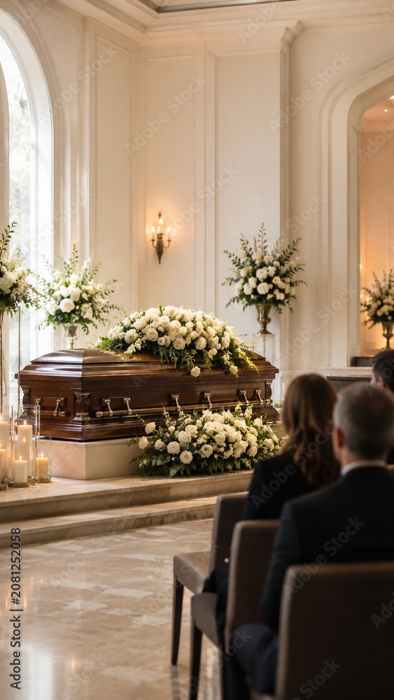 Fototapeta premium Elegant Funeral Service with Casket and White Floral Arrangements