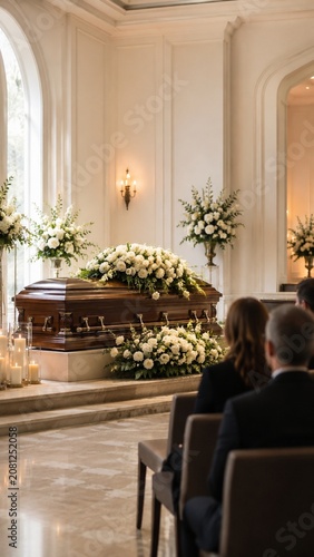 Elegant Funeral Service with Casket and White Floral Arrangements