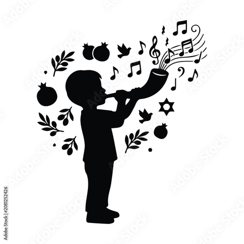 Child playing musical horn with pomegranate and olive branch elements vector graphic art.
