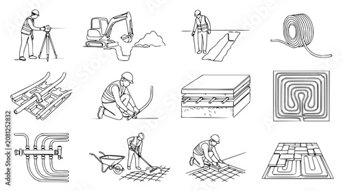 Cuadro en lienzo Construction process of underfloor heating system, building site illustrations,
