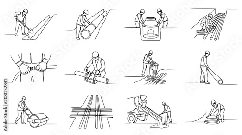 Fotografie Construction worker performing various tasks: digging, rolling pipes, lifting, l
