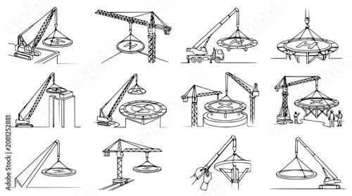 Obraz na płótnie Construction Crane Lifting Large Circular Structure, Industrial Building Process