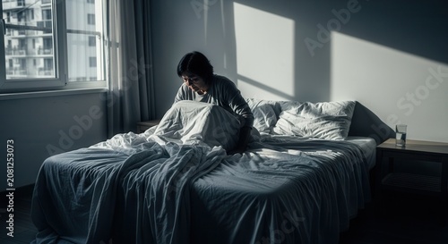 Person Waking Up In Bed As Sunlight Streams In