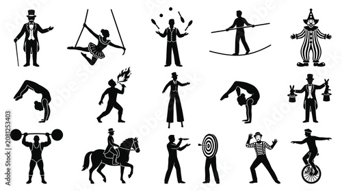 Circus Performers Silhouettes: Acrobat, Juggler, Clown, Magician, Weightlifter
