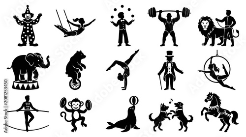 Circus icons set: clown, elephant, acrobat, lion, seal, horse, dogs, weightlifter, juggler, tightrope walker, unicyclist, ring performer, and ringmaster - Black and white vector glyphs