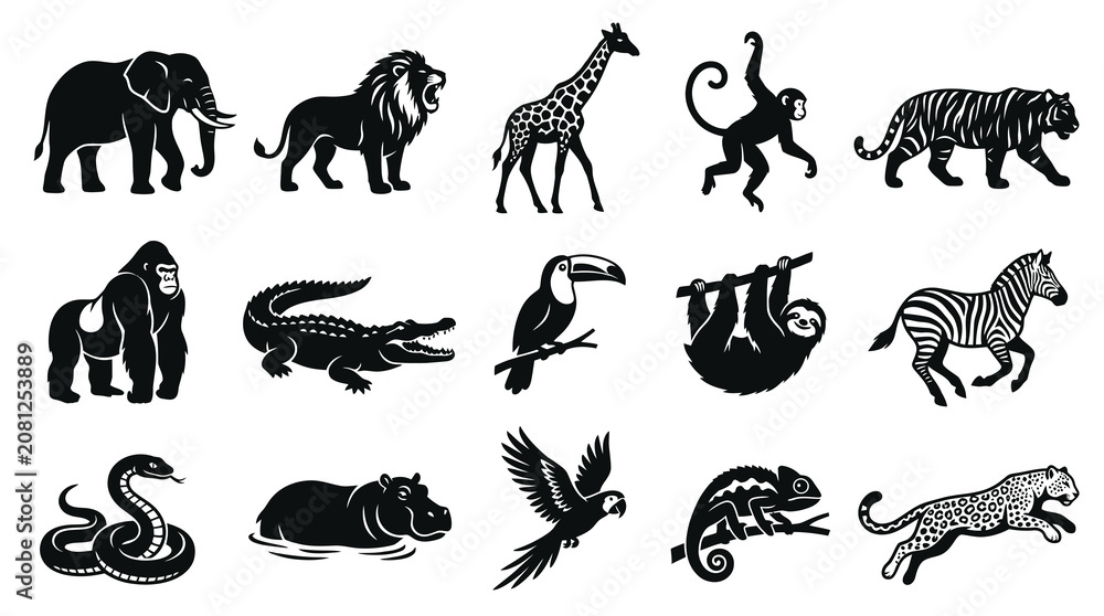 Obraz premium Black and White Vector Icons of Wild African Animals, Safari Animals, and Jungle Animals