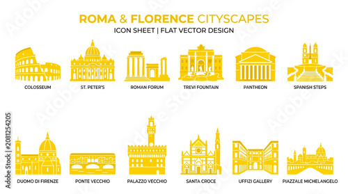 Photography Rome and Florence Cityscape Icons - Famous Italian Landmarks Flat Vector Design