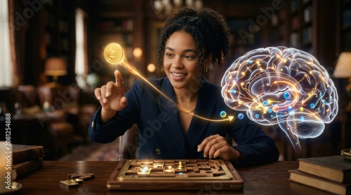 A student reaches for a gold token above a puzzle board, while a translucent brain graphic glows with neural pathways, dopamine-like reward cues, and color-coded synapses, visualizing how motivation